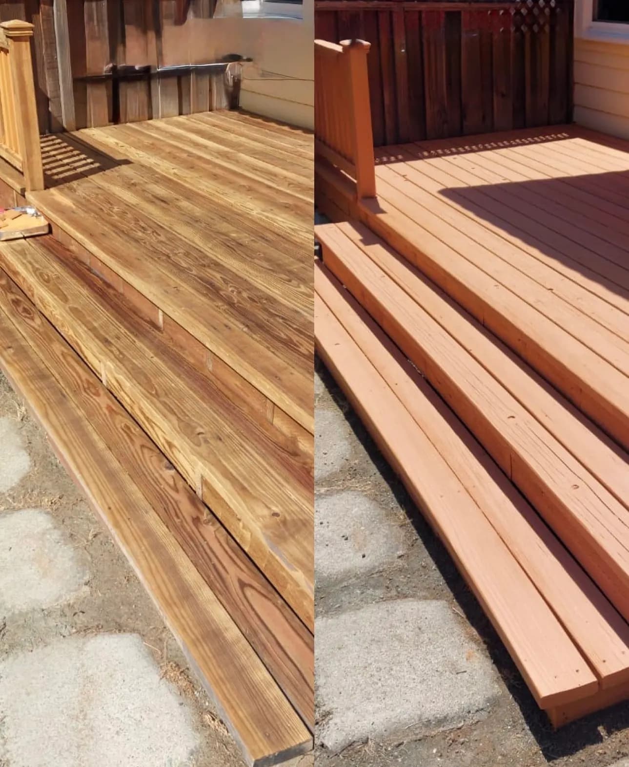 Deck steps — before and after board replacement and refinishing