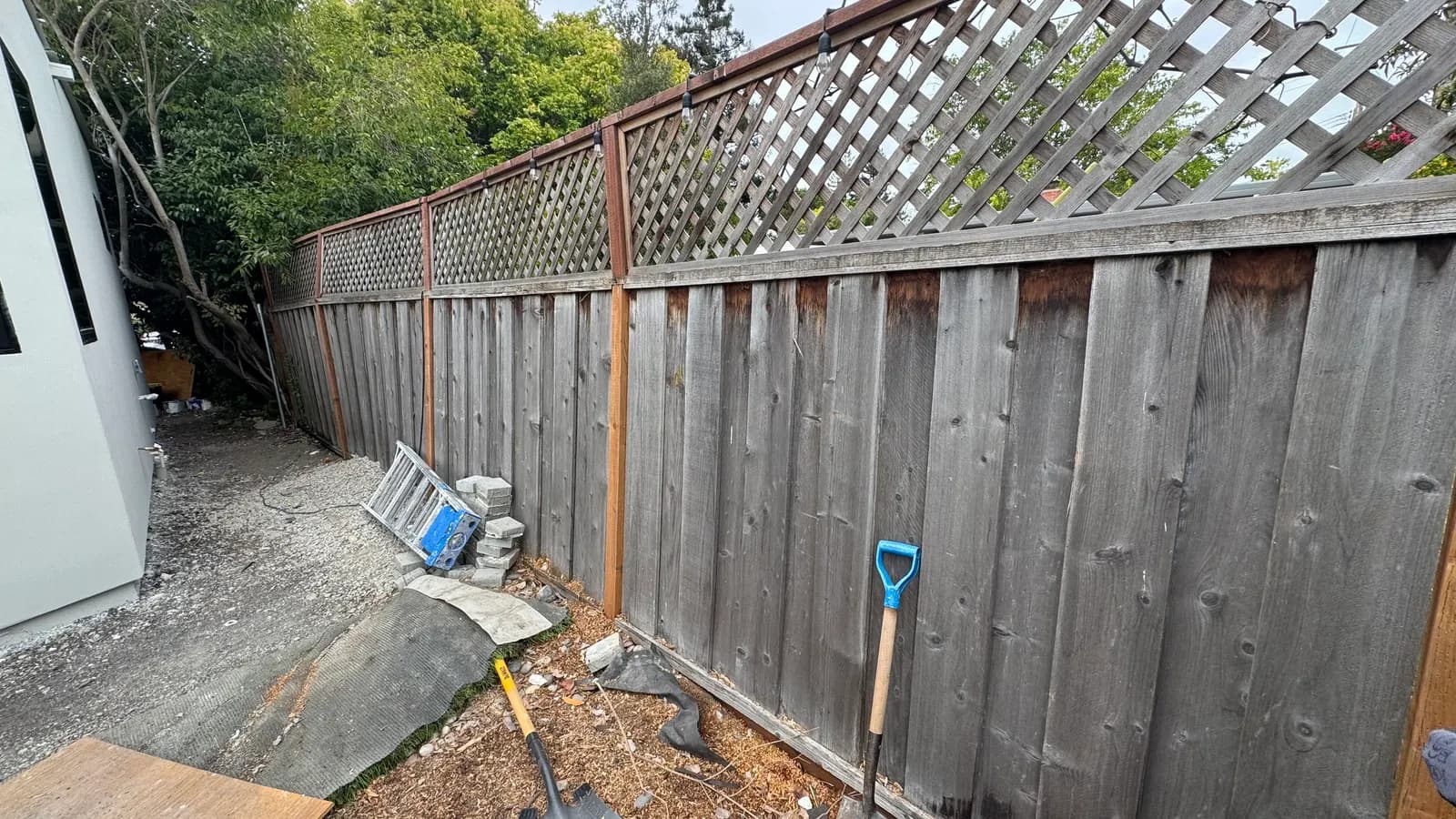 Scorch marks running along the tops of grey fence boards below the lattice, new posts already in the run
