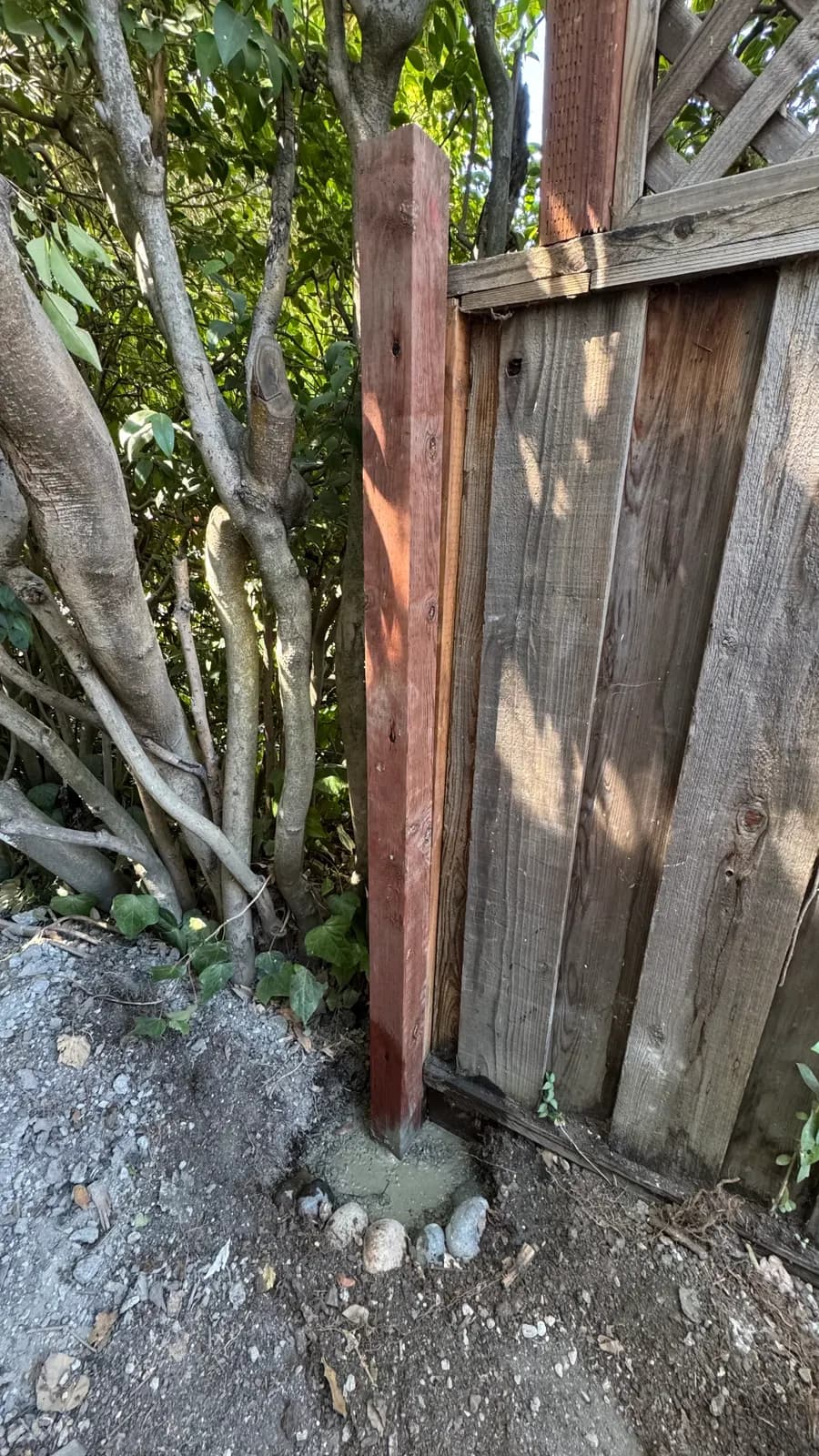 Replacement post at the gate, set in fresh concrete, Palo Alto